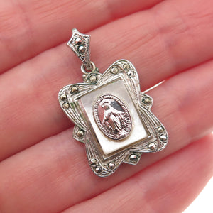 925 Sterling Silver Antique Art Deco Real MOP & Marcasite St. Mary Charm Pendant