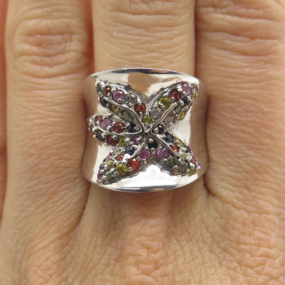 925 Sterling Silver Real Round-Cut Multi-Color Sapphire Flower Ring Size 7.75