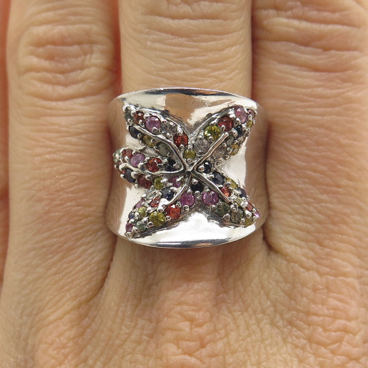 925 Sterling Silver Real Round-Cut Multi-Color Sapphire Flower Ring Size 7.75