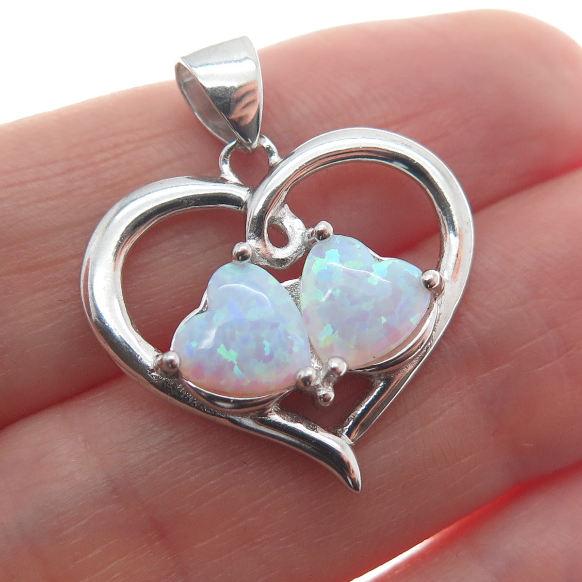925 Sterling Silver Real Opal Gemstone Open Heart Pendant