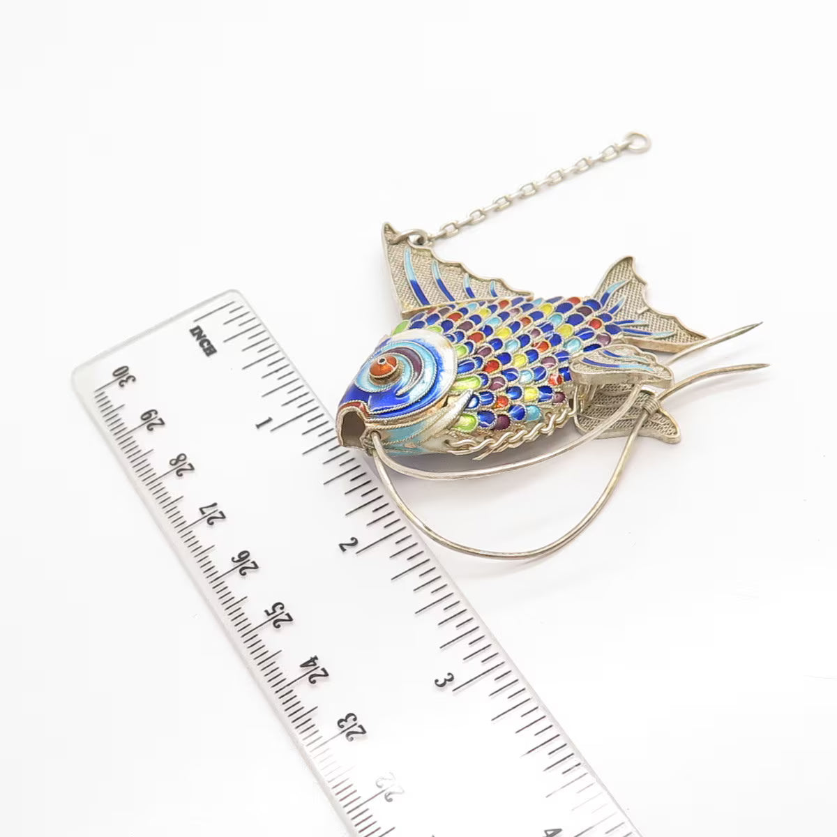 925 Sterling Silver Enamel Antique Chinese Koi Fish Articulated Chatelaine Fob