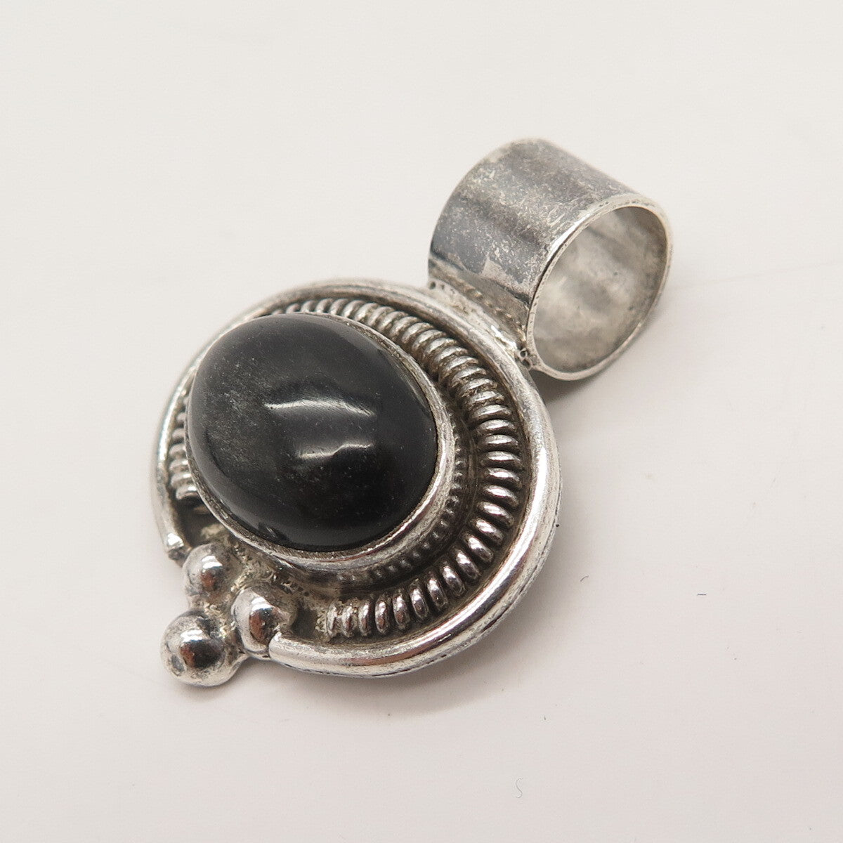 925 Sterling Silver Vintage Real Black Onyx Gem Beaded Slide Pendant