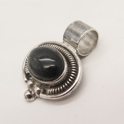 925 Sterling Silver Vintage Real Black Onyx Gem Beaded Slide Pendant