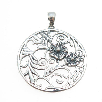 925 Sterling Silver Vintage Floral Ornate Round Pendant