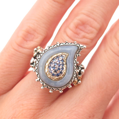 Barbara Bixby 925 Sterling 18K Gold Chalcedony & Sapphire Paisley Ring Size 5.25