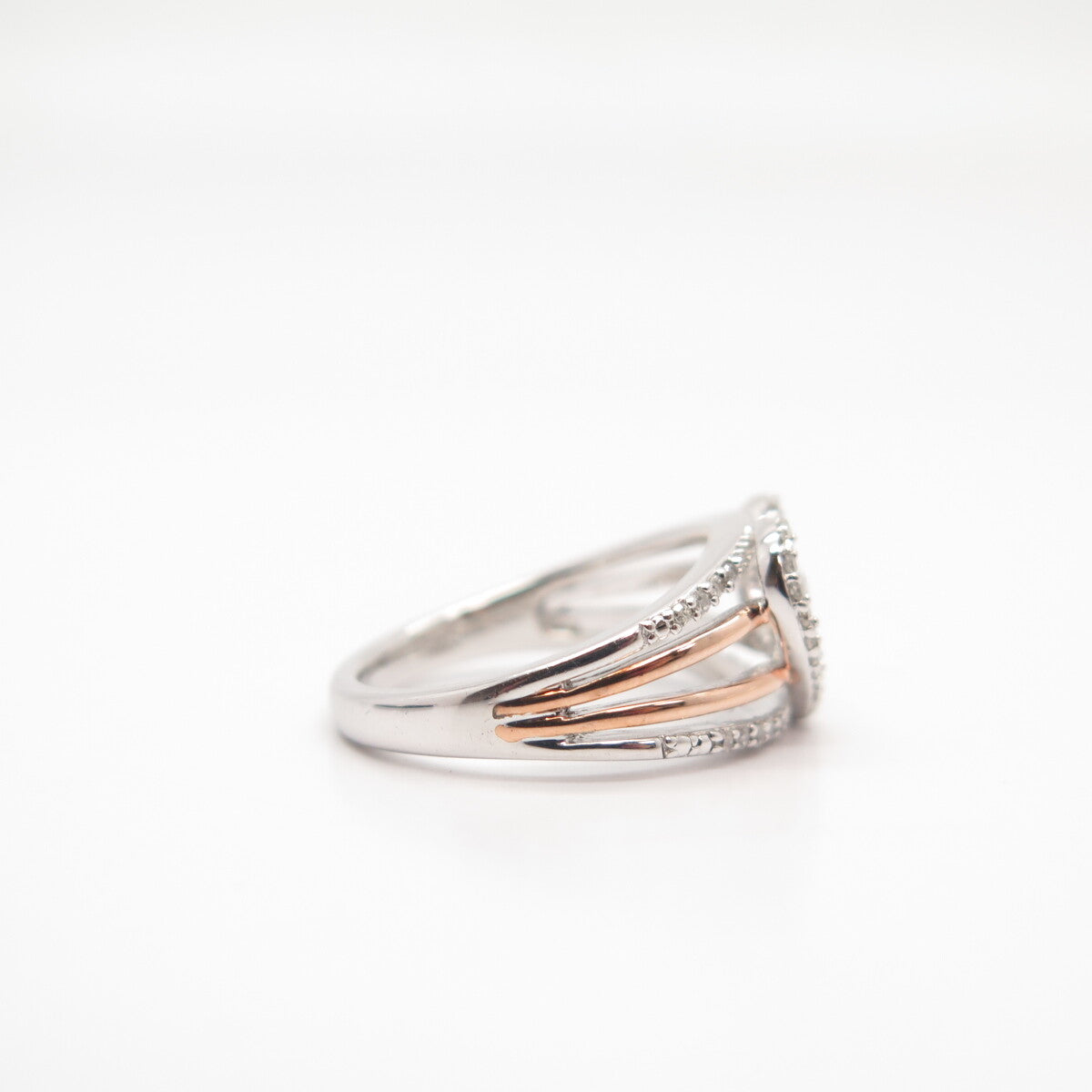 925 Sterling Silver 2-Tone SUN Real White Diamond Double Heart Ring Size 7