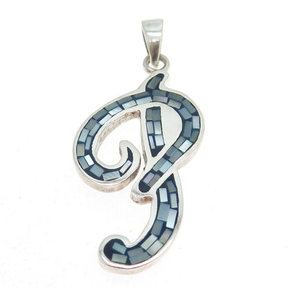 925 Sterling Silver Vintage Real MOP Inlay Letter "P" Initial Pendant