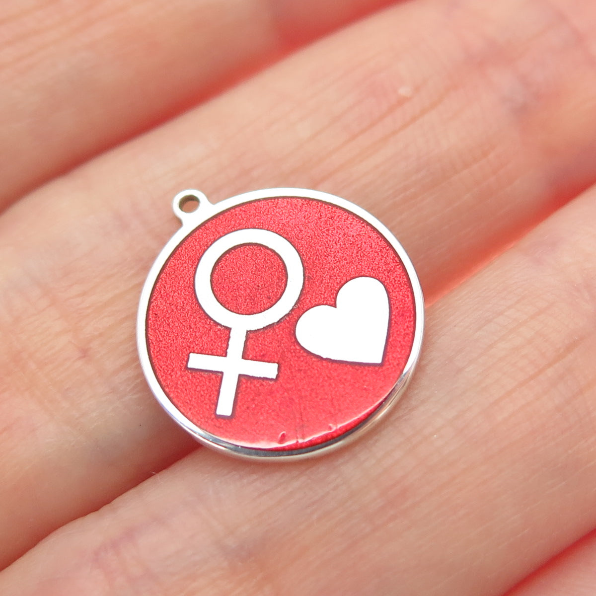 925 Sterling Silver Red Enamel Female Symbol & Heart Minimalist Charm Pendant
