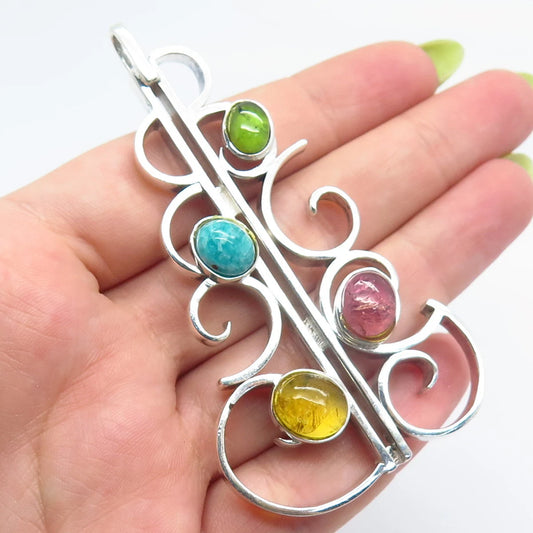 925 Sterling Silver Vintage Real Multi-Color Tourmaline & Amazonite Gem Pendant