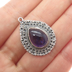 925 Sterling Silver Vintage Real Amethyst Oxidized Teardrop Charm Pendant