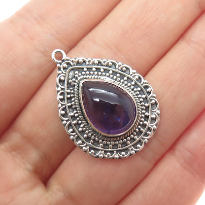 925 Sterling Silver Vintage Real Amethyst Oxidized Teardrop Charm Pendant
