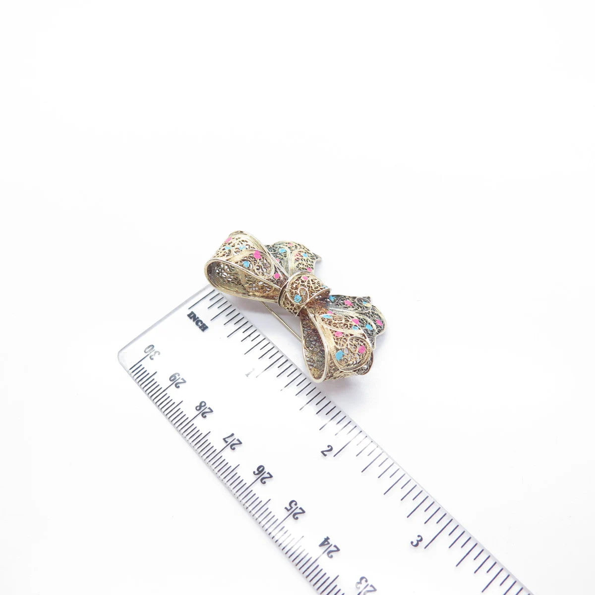 925 Sterling Silver Gold Plated Vintage Enamel Bow Filigree Pin Brooch