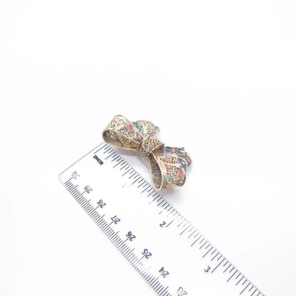 925 Sterling Silver Gold Plated Vintage Enamel Bow Filigree Pin Brooch