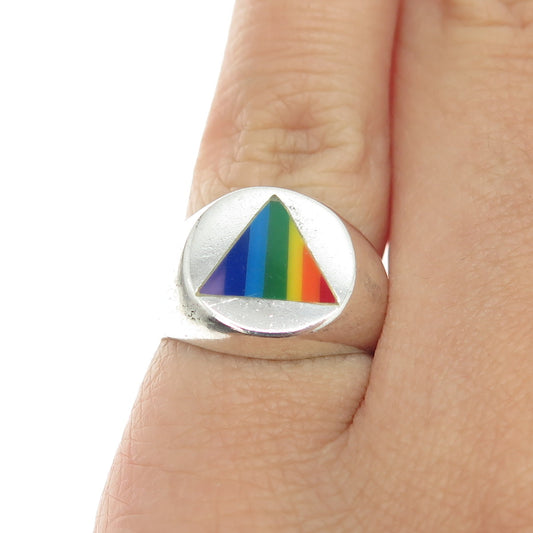 925 Sterling Silver Vintage Rainbow Enamel "Happy Pride" Signet Ring Size 5