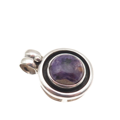 925 Sterling Silver Vintage Real Charoite Modernist Oxidized Charm Pendant
