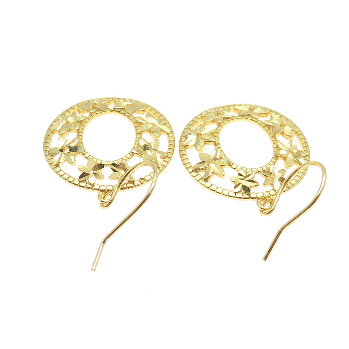 925 Sterling Silver Gold Plated Diamond-Cut Flower Dangle Earrings