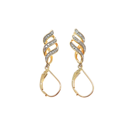 SUN 925 Sterling Silver Gold Plated Real Diamond Twisted Dangle Earrings