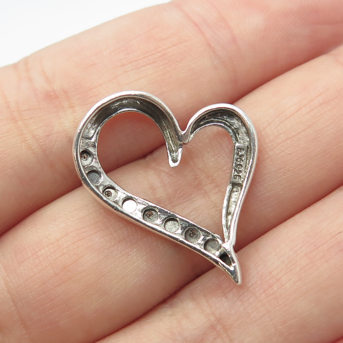 925 Sterling Silver Real Round-Cut White Diamond Open Heart Pendant