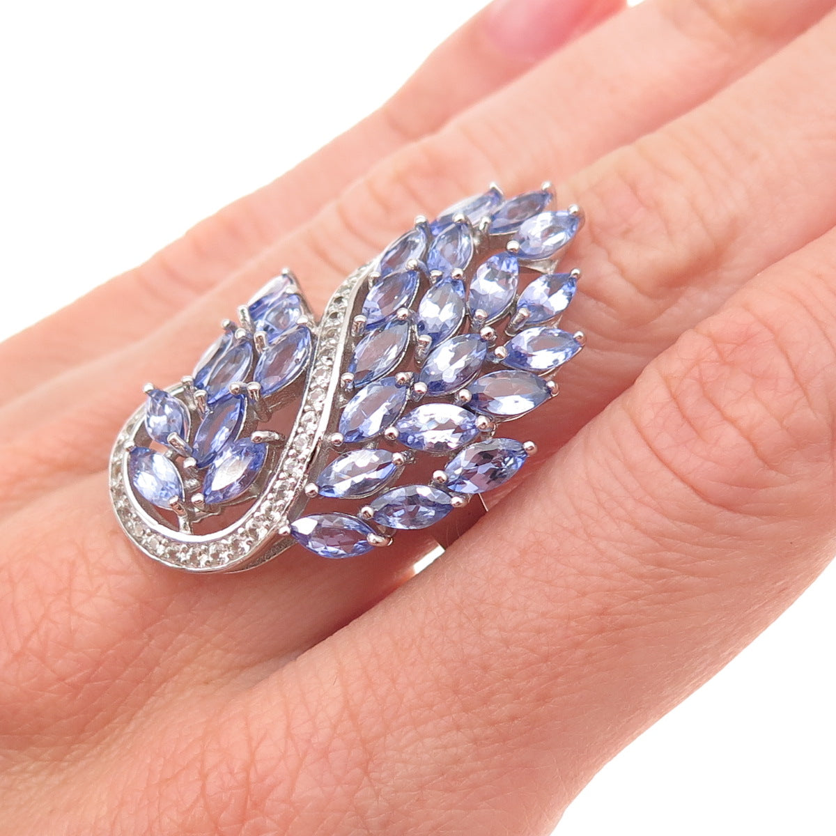 925 Sterling Silver Real Marquise-Cut Tanzanite & White Topaz Floral Ring Size 8