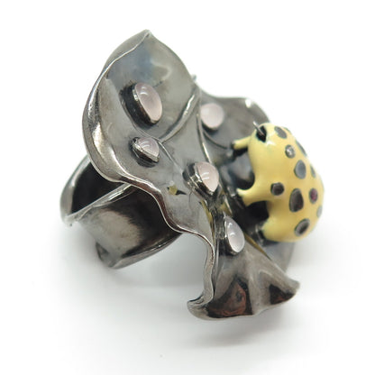 925 Sterling Vintage Black Rhodium Enamel Diamond Ruby Amethyst Frog Ring Size 7