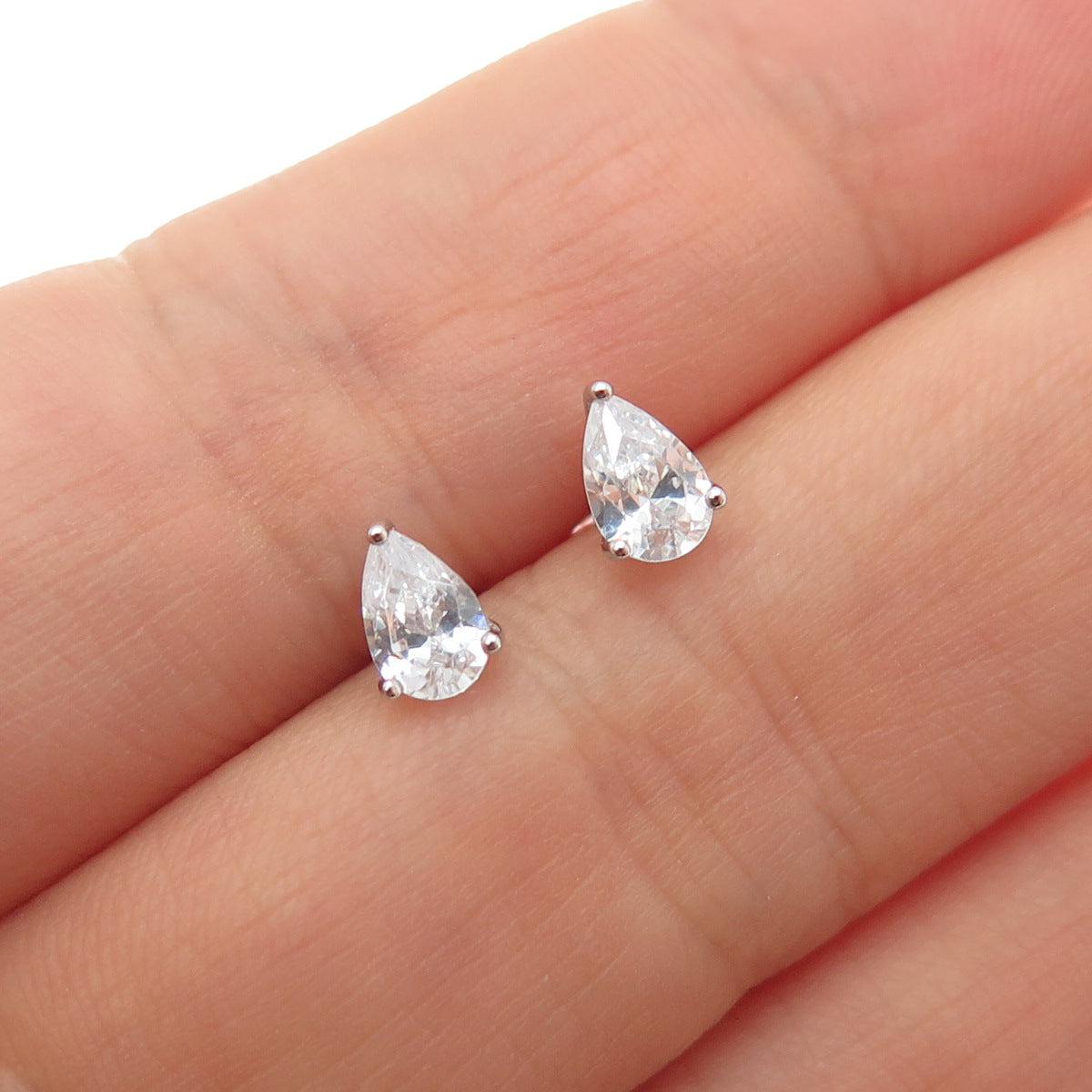 925 Sterling Silver Pear-Cut C Z Stud Earrings