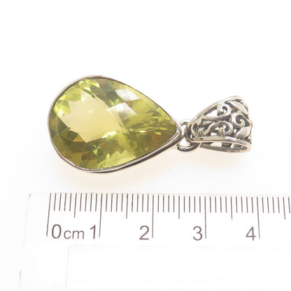 925 Sterling Silver Vintage Real Pear-Cut Lime Citrine Ornate Teardrop Pendant