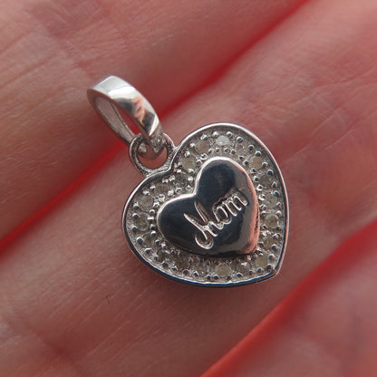 925 Sterling Silver Real Round-Cut Diamond Mom Heart Minimalist Pendant