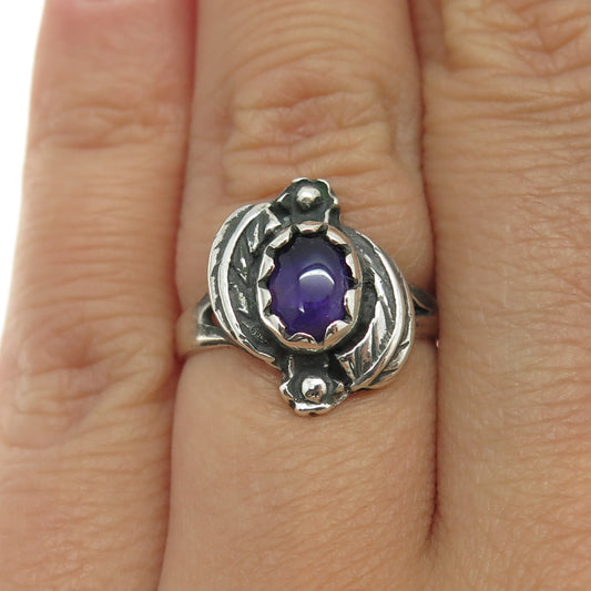 Old Pawn Sterling Silver Vintage Southwestern Amethyst Feather Ring Size 5.75