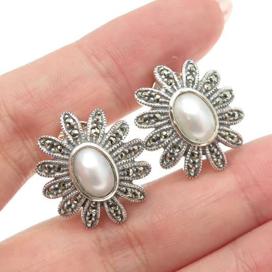 JUDITH JACK 925 Sterling Silver Vintage Faux Pearl Marcasite Omega Back Earrings