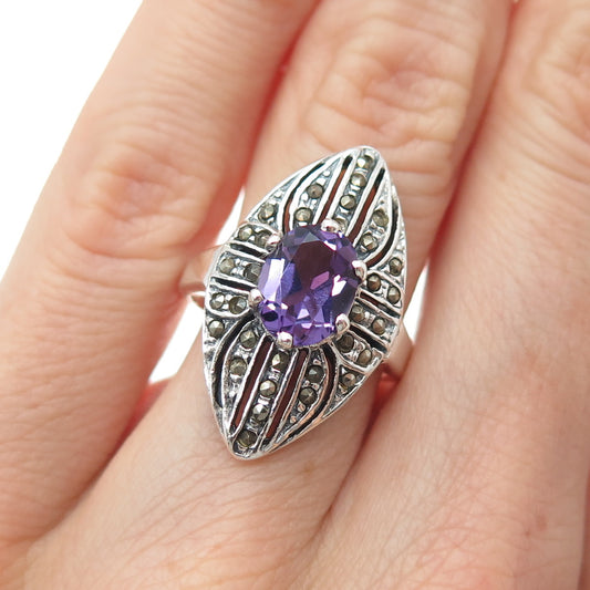 925 Sterling Silver Vintage Amethyst & Marcasite Art Deco Style Ring Size 5.75