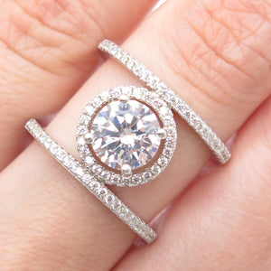 925 Sterling Silver Round-Cut C Z Two-Row Engagement Ring Size 8