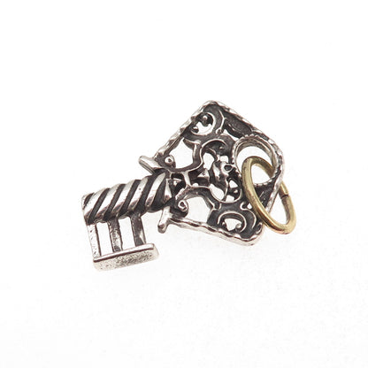 925 Sterling Silver Antique Art Deco Floral Key Oxidized Charm Pendant
