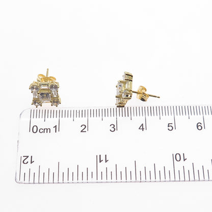 925 Sterling Silver Gold Plated Princess Emerald & Round-Cut C Z Stud Earrings