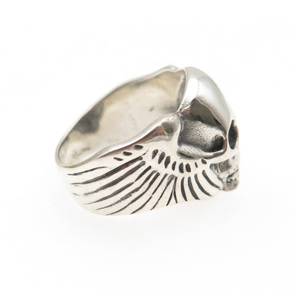 925 Sterling Silver Vintage Skull & Wings Oxidized Biker Ring Size 8.75
