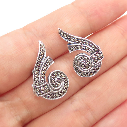 925 Sterling Silver Vintage Real Marcasite Modernist Screw Back Earrings