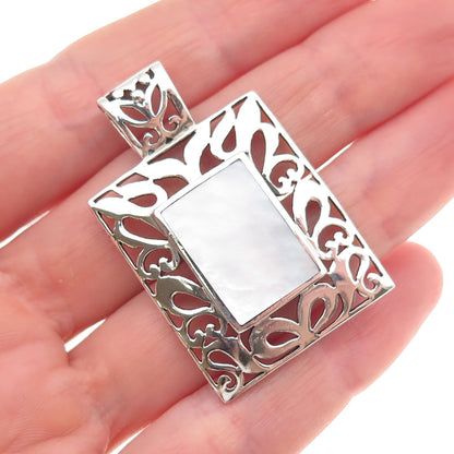 925 Sterling Silver Vintage Real MOP Floral Ornate Oxidized Pendant