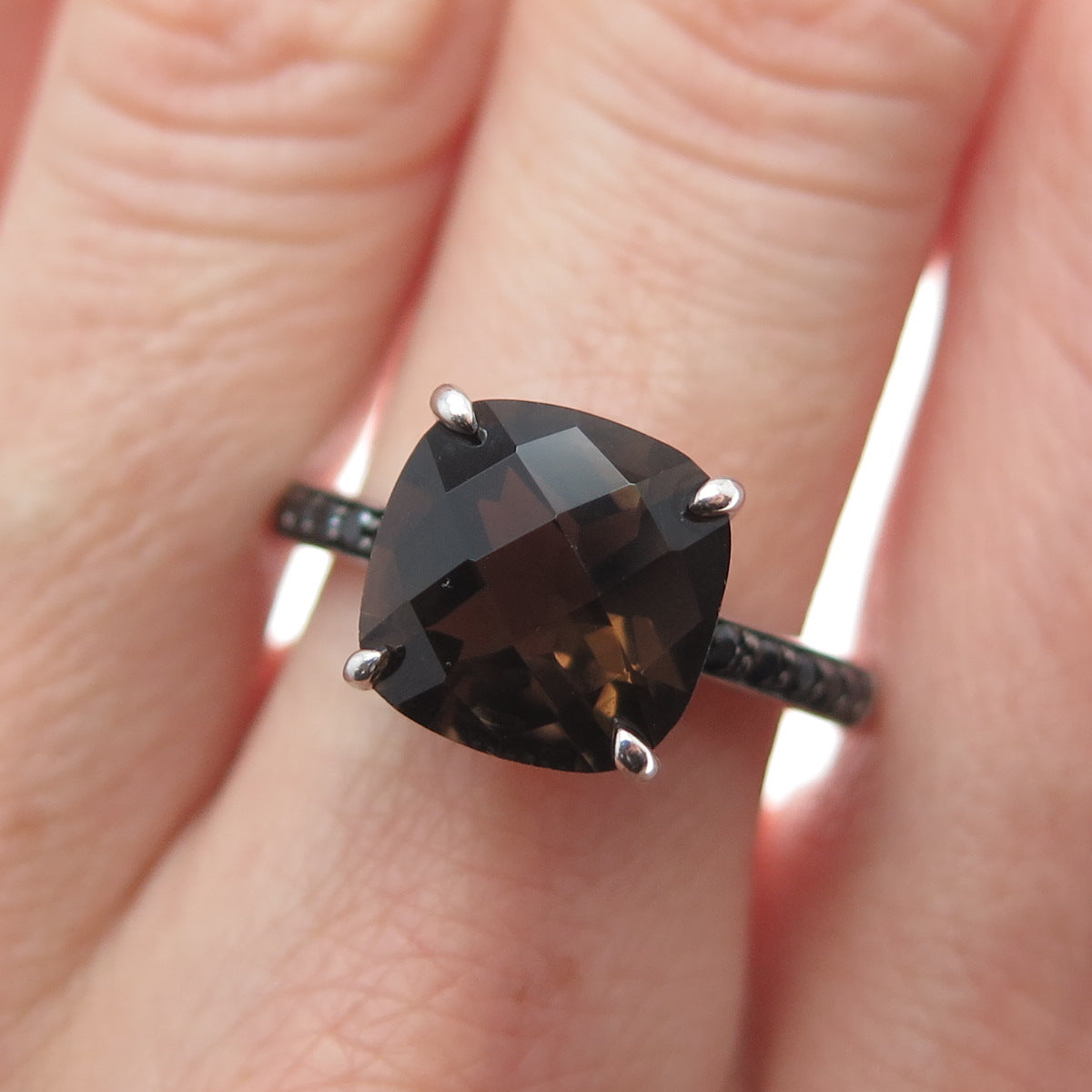 925 Sterling Silver Real Cushion-Cut Smoky Quartz & Black Spinel Ring Size 7.25