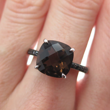 925 Sterling Silver Real Cushion-Cut Smoky Quartz & Black Spinel Ring Size 7.25
