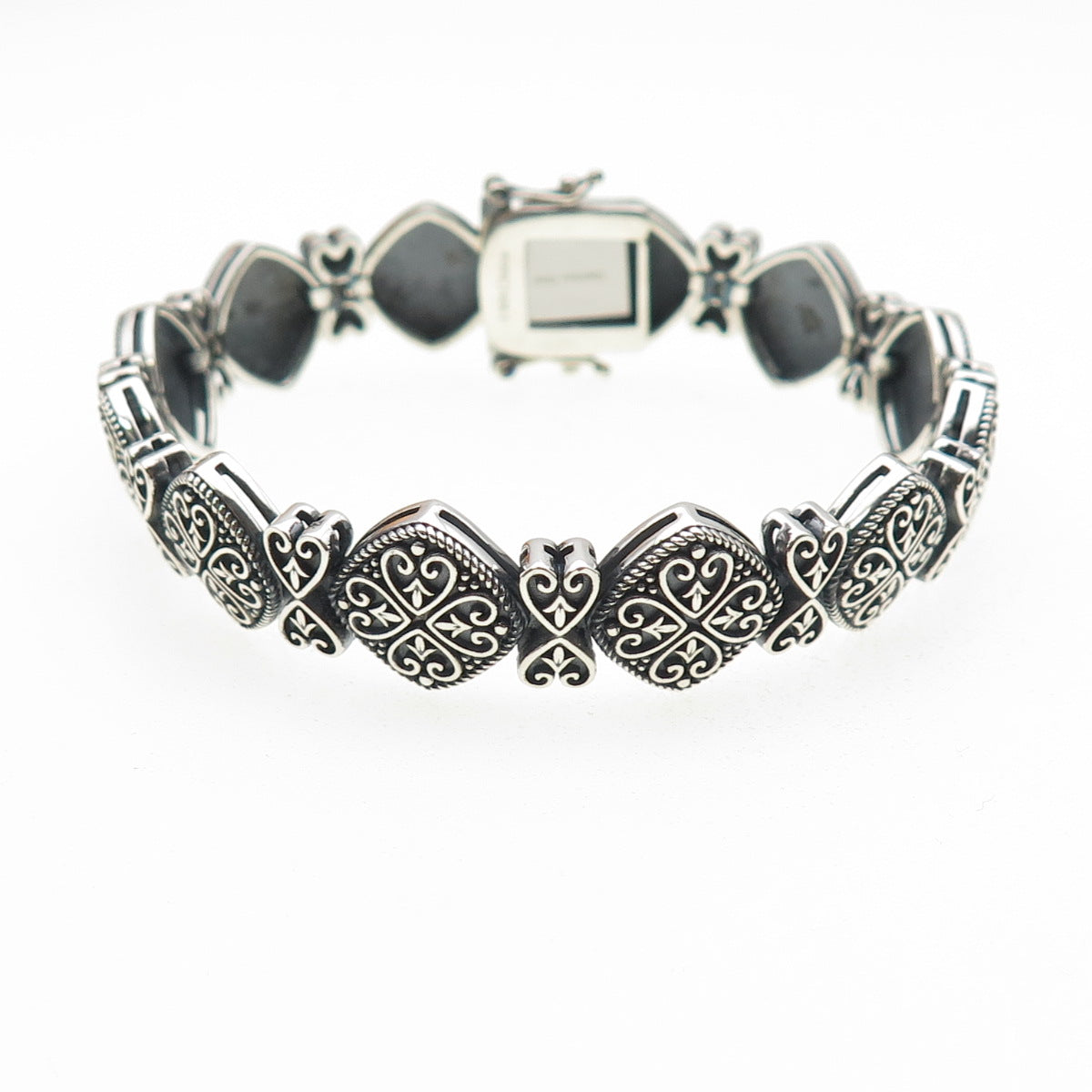 925 Sterling Silver Vintage Ornate Heart Floral Oxidized Bracelet 7"