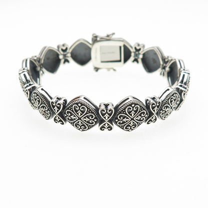 925 Sterling Silver Vintage Ornate Heart Floral Oxidized Bracelet 7"