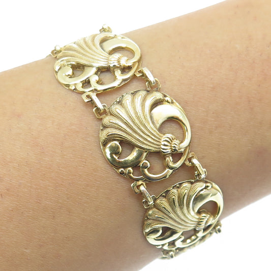925 Sterling Silver Gold Plated Antique Art Deco Flower Panel Link Bracelet 7"