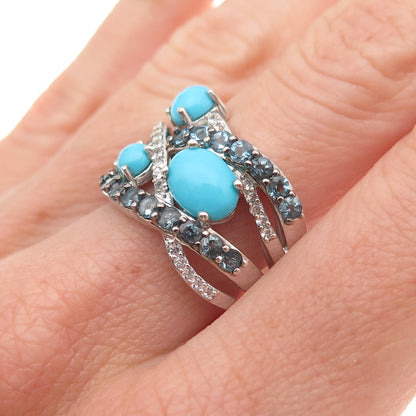 925 Sterling Silver Real Turquoise London Blue & White Topaz Ring Size 8.25