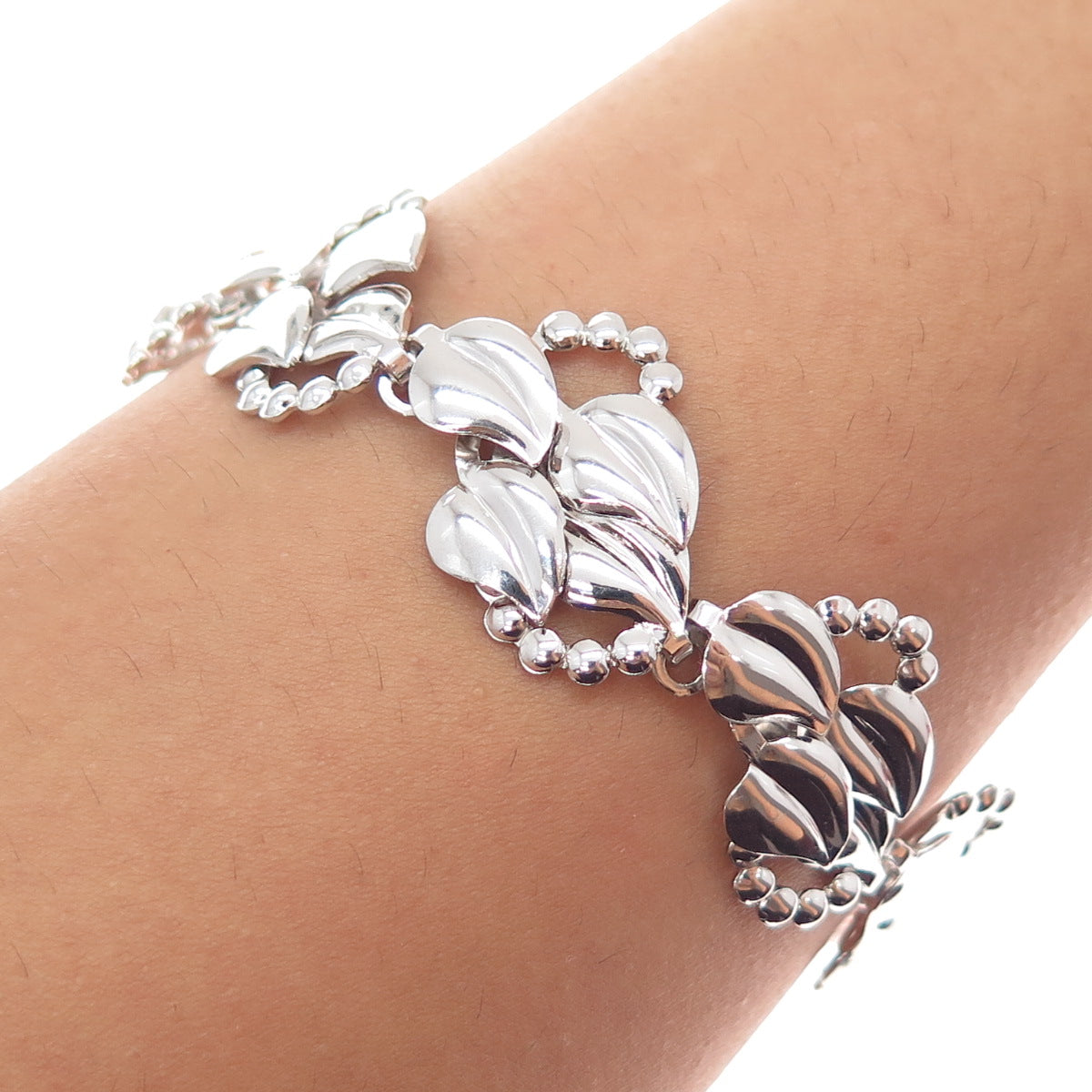 925 Sterling Silver Vintage Modernist Floral Leaf Link Bracelet 7.25"