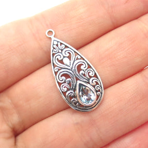 925 Sterling Silver Vintage Real Blue Topaz Ornate Teardrop Oxidized Pendant