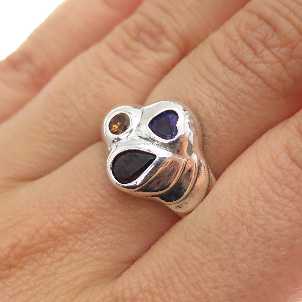 925 Sterling Silver Vintage Real Amethyst Citrine Red Garnet Heart Ring Size 6.5
