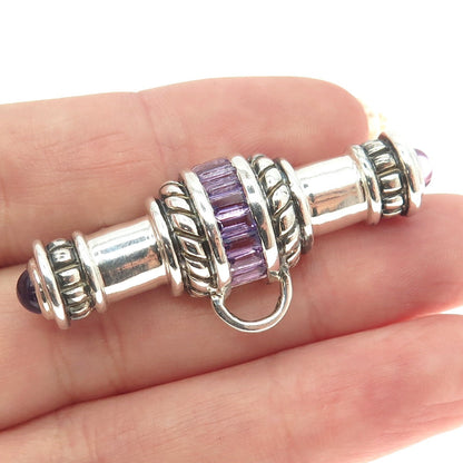 925 Sterling Silver Vintage Real Amethyst Gemstone Amulet Pin Brooch / Pendant