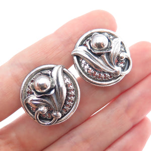 DANECRAFT 925 Sterling Silver Vintage Flower Oxidized Screw Back Earrings