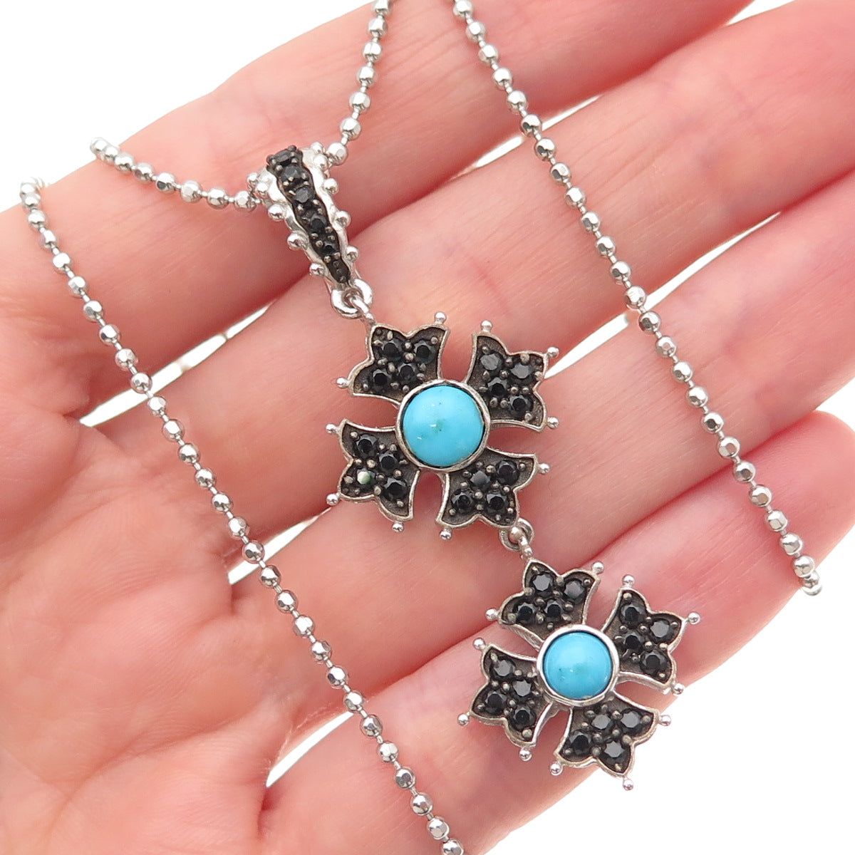 925 Sterling Real Turquoise & Black Spinel Floral Ball Beaded Necklace 18-20"