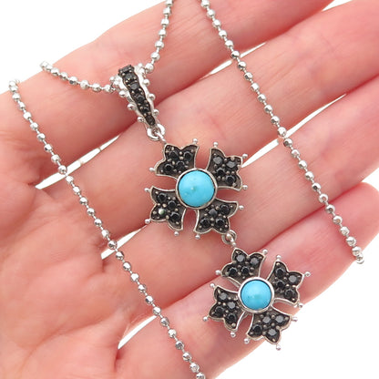 925 Sterling Real Turquoise & Black Spinel Floral Ball Beaded Necklace 18-20"