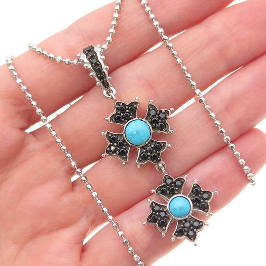 925 Sterling Real Turquoise & Black Spinel Floral Ball Beaded Necklace 18-20"